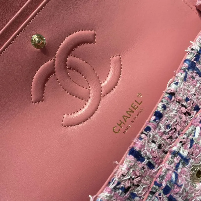 Chanel A01112 Flap Classic Handbag Tweed & Gold Tone Metal Pink