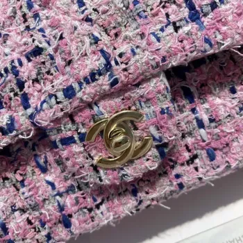Chanel A01112 Flap Classic Handbag Tweed & Gold Tone Metal Pink