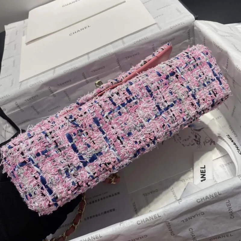 Chanel A01112 Flap Classic Handbag Tweed & Gold Tone Metal Pink