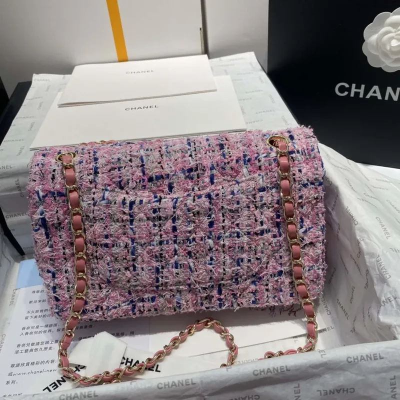 Chanel A01112 Flap Classic Handbag Tweed & Gold Tone Metal Pink