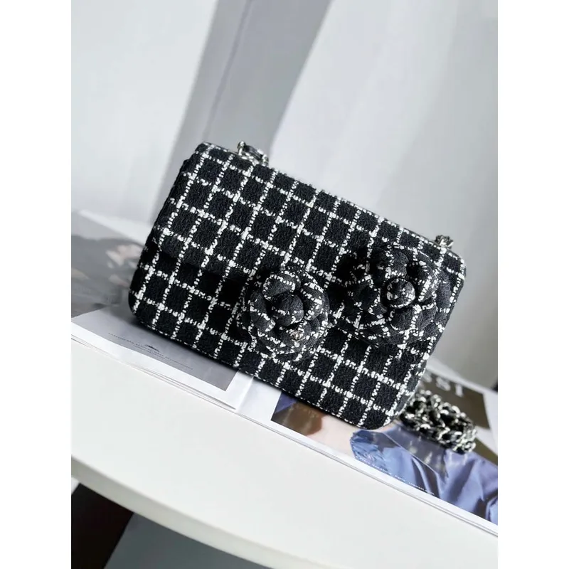 Chanel A1116 Mini Flap Classic Handbag Tweed & Silver Tone Metal Black