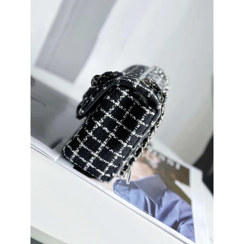 Chanel A1116 Mini Flap Classic Handbag Tweed & Silver Tone Metal Black