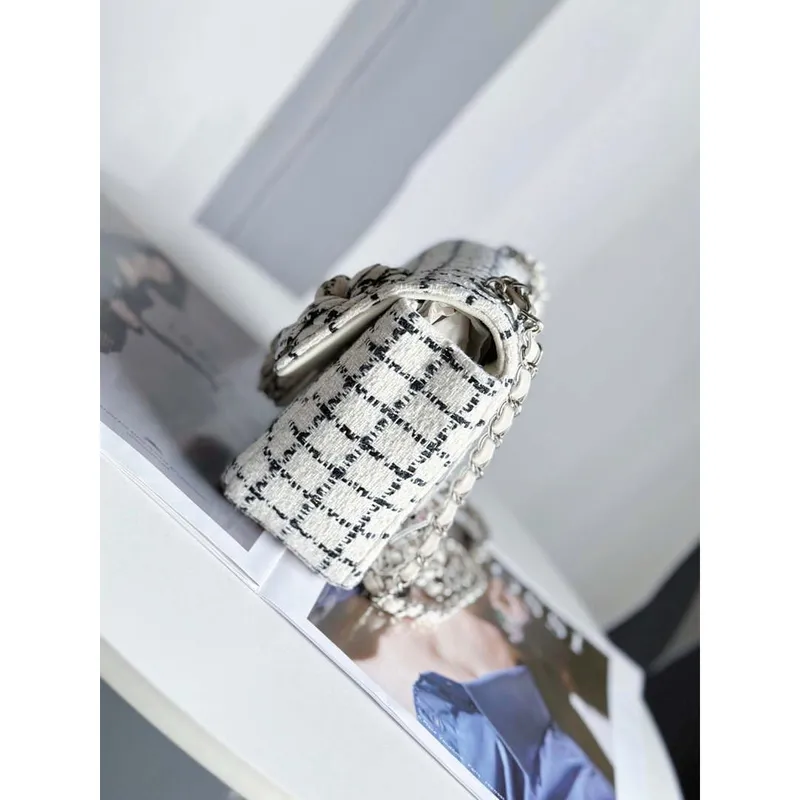 Chanel A1116 Mini Flap Classic Handbag Tweed & Silver Tone Metal White