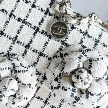 Chanel A1116 Mini Flap Classic Handbag Tweed & Silver Tone Metal White