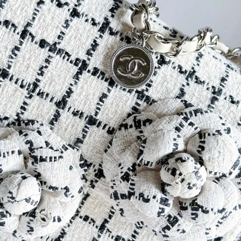 Chanel A1116 Mini Flap Classic Handbag Tweed & Silver Tone Metal White
