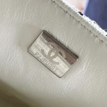 Chanel A1116 Mini Flap Classic Handbag Tweed & Silver Tone Metal White