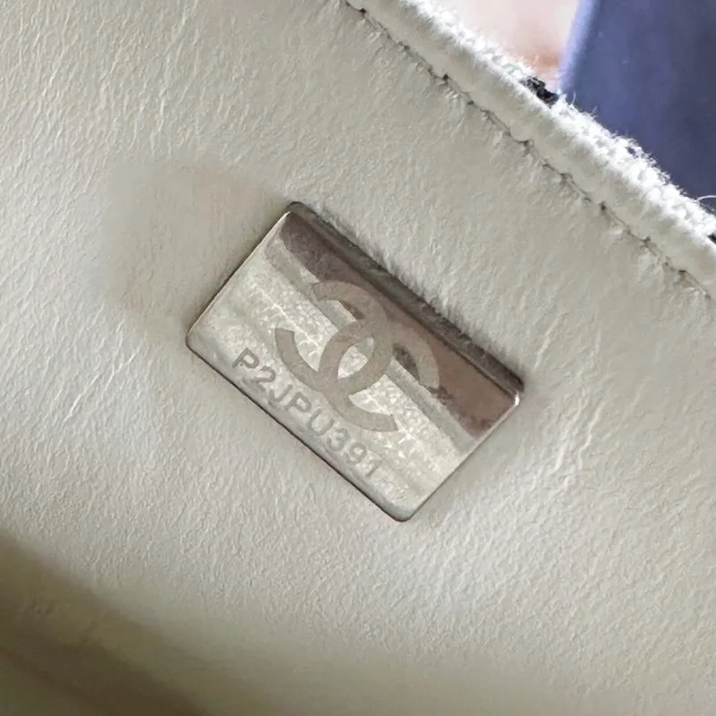 Chanel A1116 Mini Flap Classic Handbag Tweed & Silver Tone Metal White