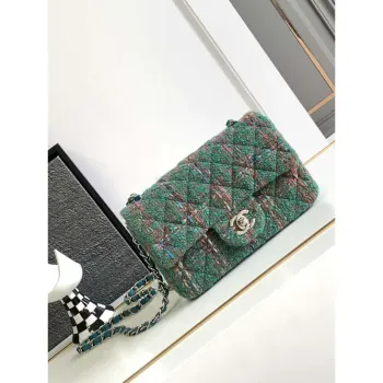 Chanel A1116 Mini Flap Classic Handbag Tweed & Silver Tone Metal Green