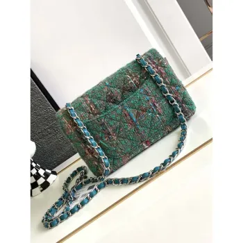 Chanel A1116 Mini Flap Classic Handbag Tweed & Silver Tone Metal Green