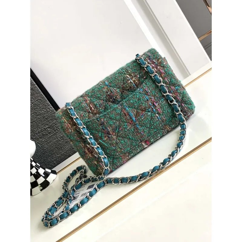 Chanel A1116 Mini Flap Classic Handbag Tweed & Silver Tone Metal Green