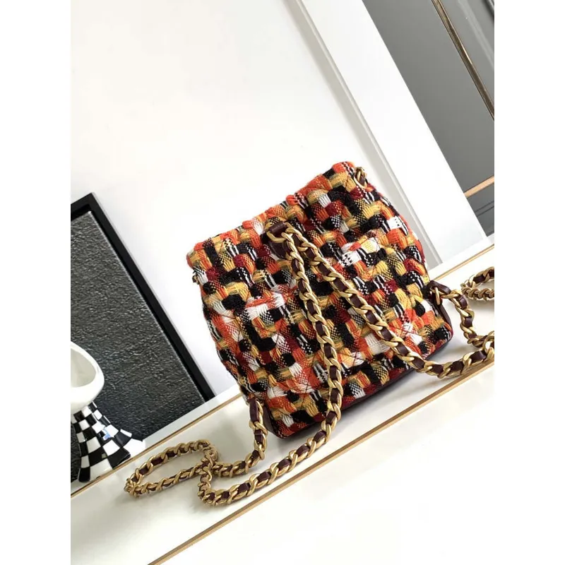 Chanel AS3947 Small Backpack Wool Tweed, Lambski & Gold Tone Metal Orange