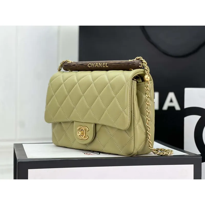 Chanel AS4151 Small Flap Bag With Top Handle Lambskin & Wenge Wood Matcha green