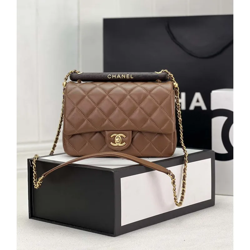 Chanel AS4151 Small Flap Bag With Top Handle Lambskin & Wenge Wood Brown