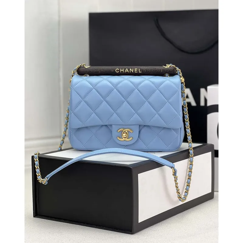 Chanel AS4151 Small Flap Bag With Top Handle Lambskin & Wenge Wood Blue