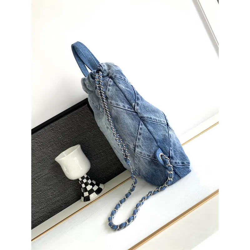 Chanel 22 Backpack AS3859 Denim Blue canvas With Sliver Logo