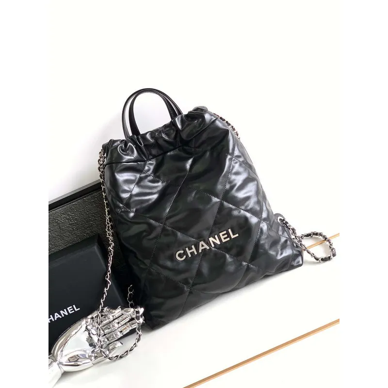 Chanel 22 Backpack AS3859 Shiny Black Calfskin With Sliver Logo