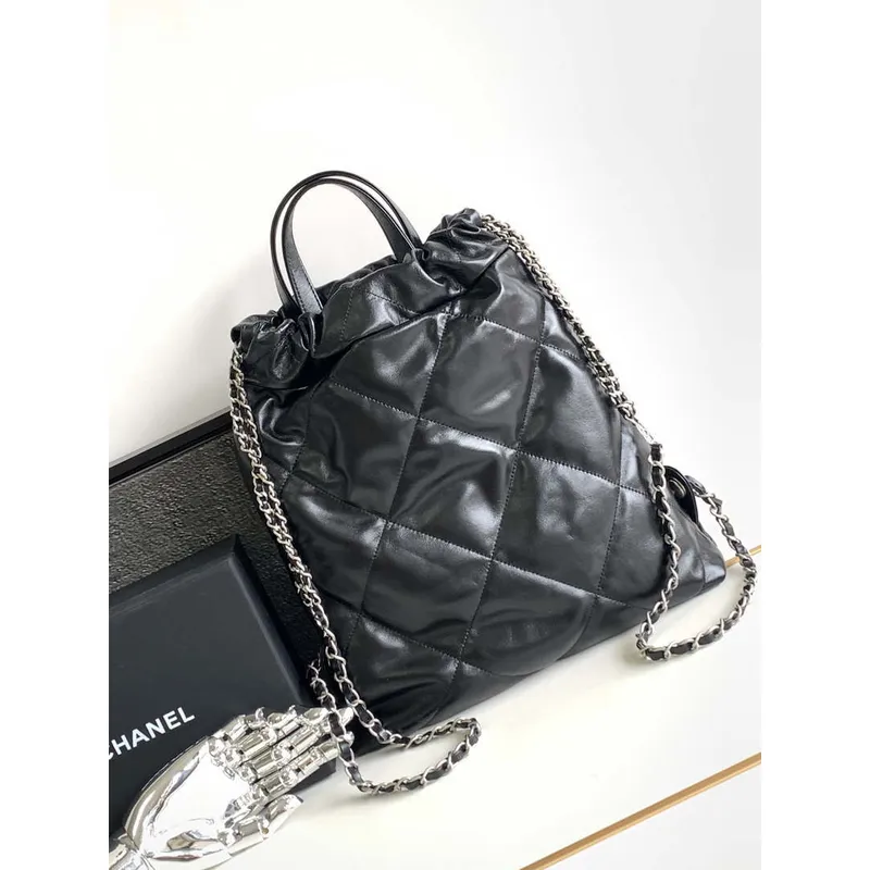 Chanel 22 Backpack AS3859 Shiny Black Calfskin With Sliver Logo