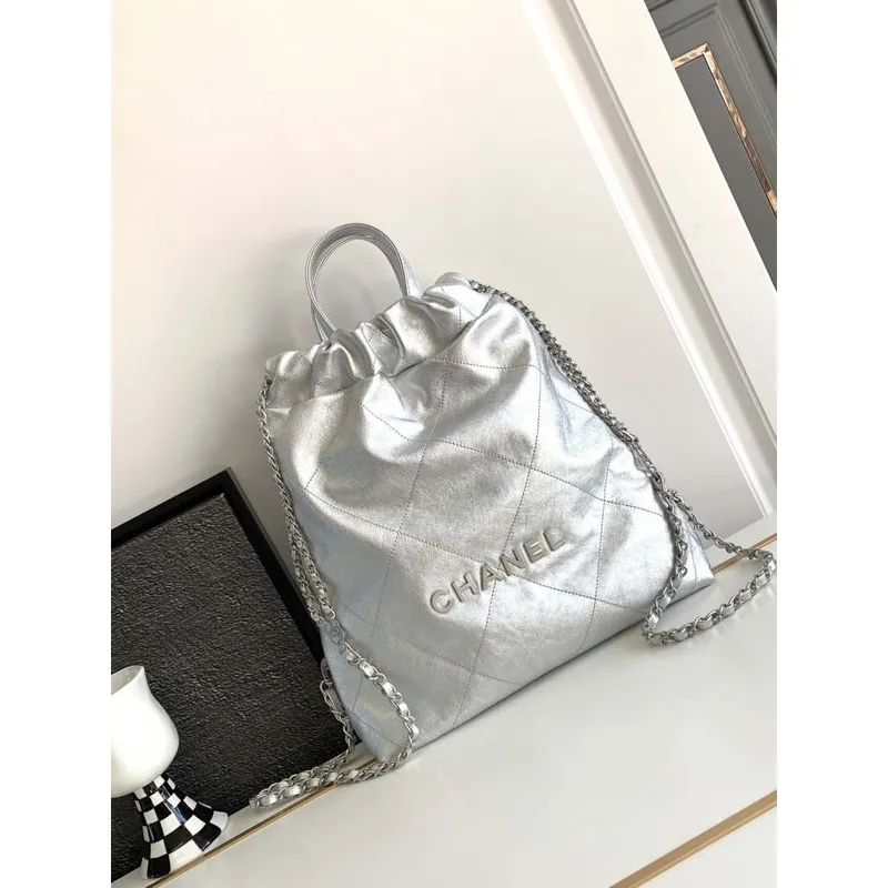 Chanel 22 Backpack AS3859 Shiny Silver Calfskin With Sliver Logo