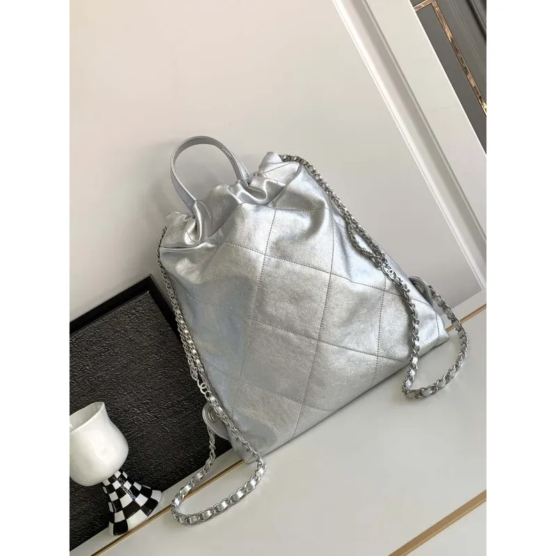 Chanel 22 Backpack AS3859 Shiny Silver Calfskin With Sliver Logo