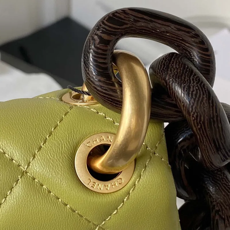 Chanel AS4165 Mini Flap Bag Lambskin Wenge Wood & Gold Tone Metal Lemon Green