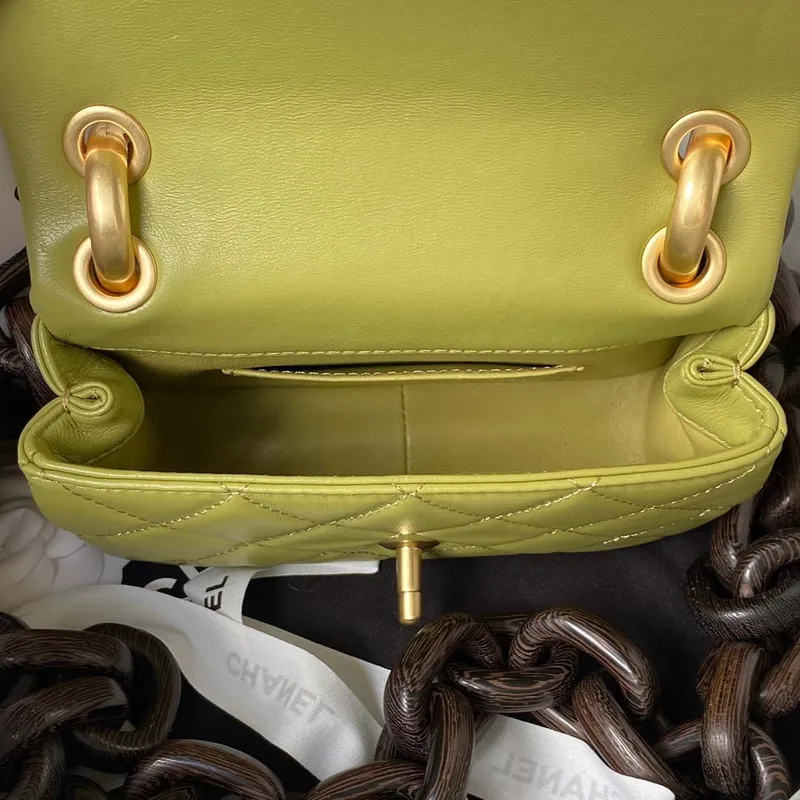 Chanel AS4165 Mini Flap Bag Lambskin Wenge Wood & Gold Tone Metal Lemon Green