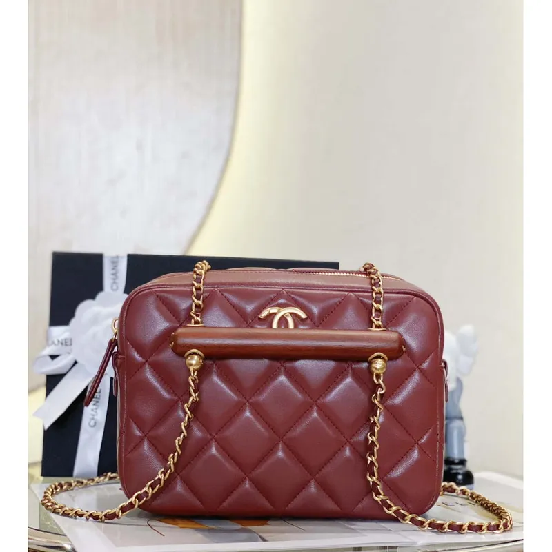 Chanel AS4198 MINI BOWLING BAG Lambskin & Wenge Wood Wine Red