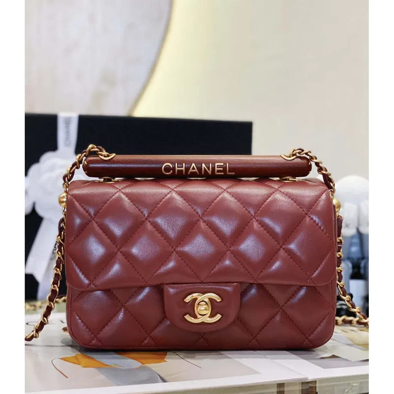 Chanel AS4151 Small Flap Bag With Top Handle Lambskin & Wenge Wood Wine Red