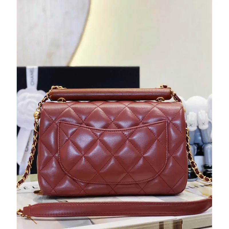Chanel AS4151 Small Flap Bag With Top Handle Lambskin & Wenge Wood Wine Red