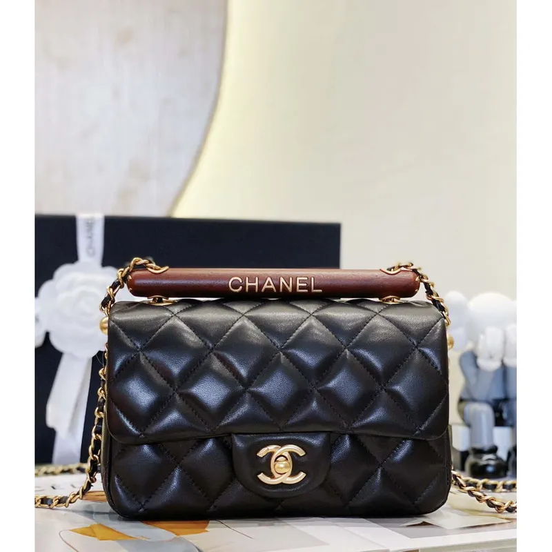 Chanel AS4151 Small Flap Bag With Top Handle Lambskin & Wenge Wood Black