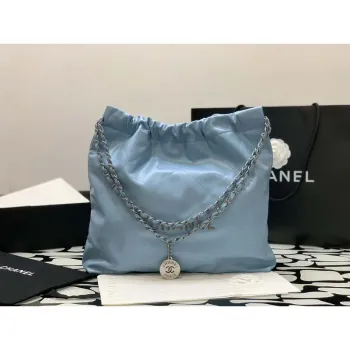 Chanel 22 Handbag Shiny Calfskin Gold AS3261 Light Blue Silver
