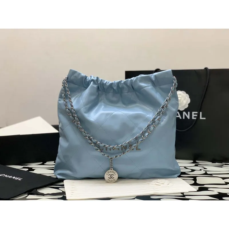 Chanel 22 Handbag Shiny Calfskin Gold AS3261 Light Blue Silver