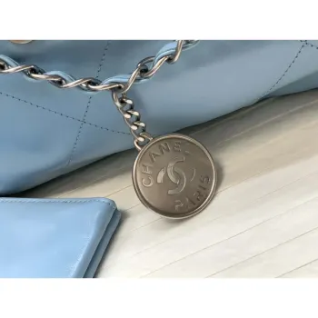 Chanel 22 Handbag Shiny Calfskin Gold AS3261 Light Blue Silver