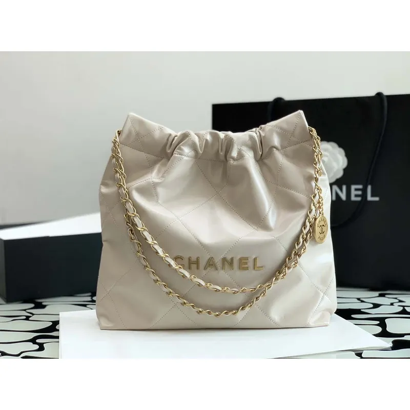 Chanel 22 AS3260 Small Handbag Shiny Calfskin Apricot