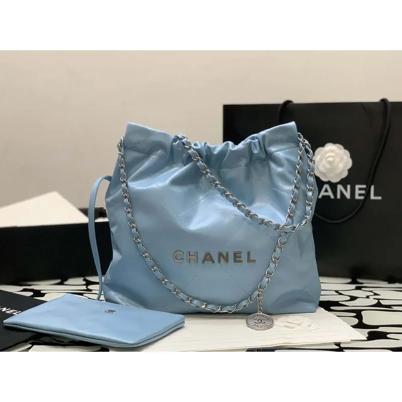 Chanel 22 AS3260 Small Handbag Shiny Calfskin Light Blue Silver