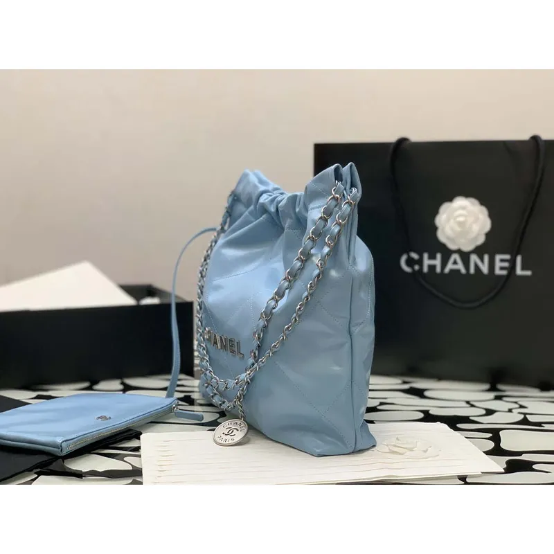 Chanel 22 AS3260 Small Handbag Shiny Calfskin Light Blue Silver