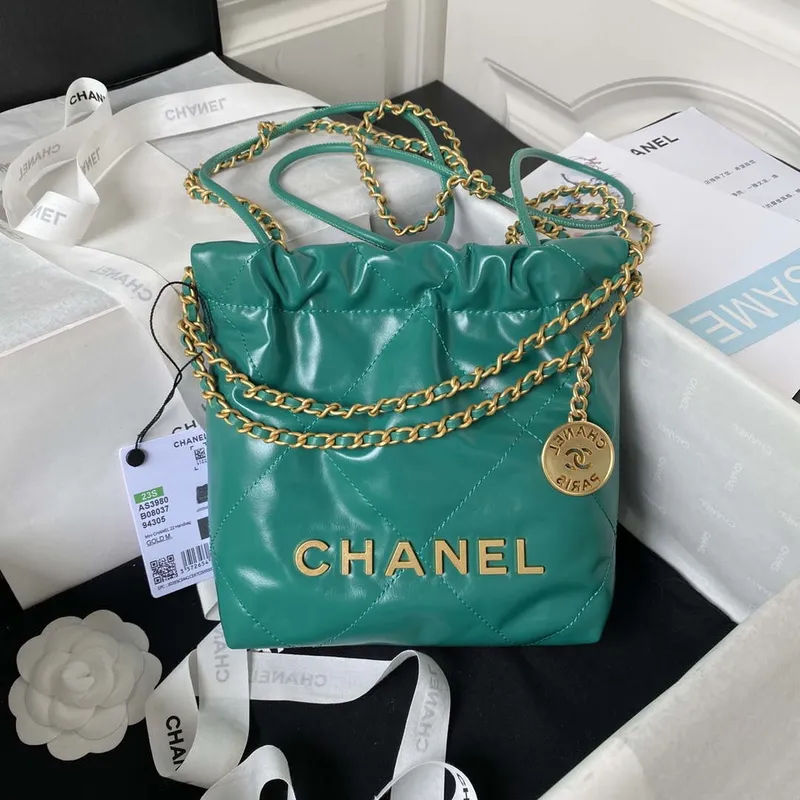 Chanel 22 Mini Handbag AS3980 Shiny Calfskin & Gold Tone Metal Green