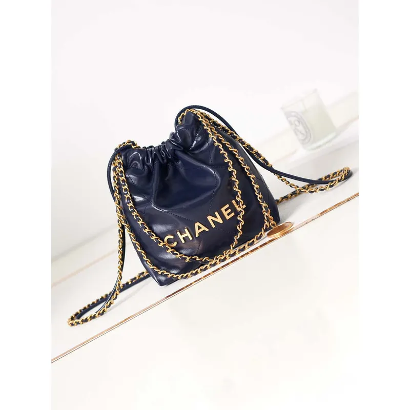Chanel 22 Mini Handbag AS3980 Shiny Calfskin & Gold Tone Metal Royal blue