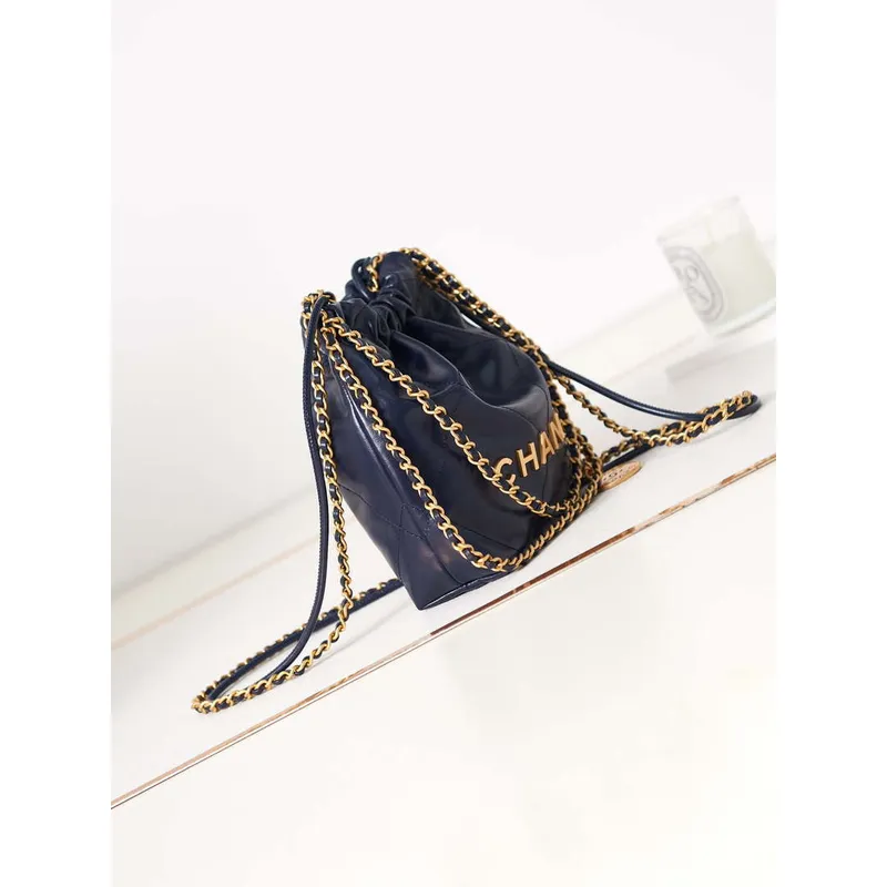 Chanel 22 Mini Handbag AS3980 Shiny Calfskin & Gold Tone Metal Royal blue