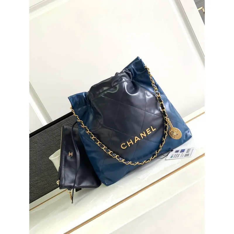 Chanel 22 Mini Handbag AS3980 Shiny Calfskin & Gold Tone Metal Navy Blue