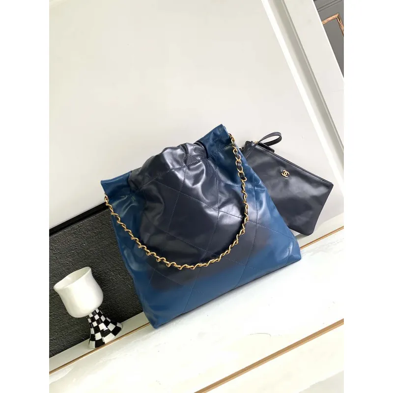 Chanel 22 Mini Handbag AS3980 Shiny Calfskin & Gold Tone Metal Navy Blue