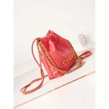 Chanel 22 Mini Handbag AS3980 Shiny Calfskin & Gold Tone Metal Red
