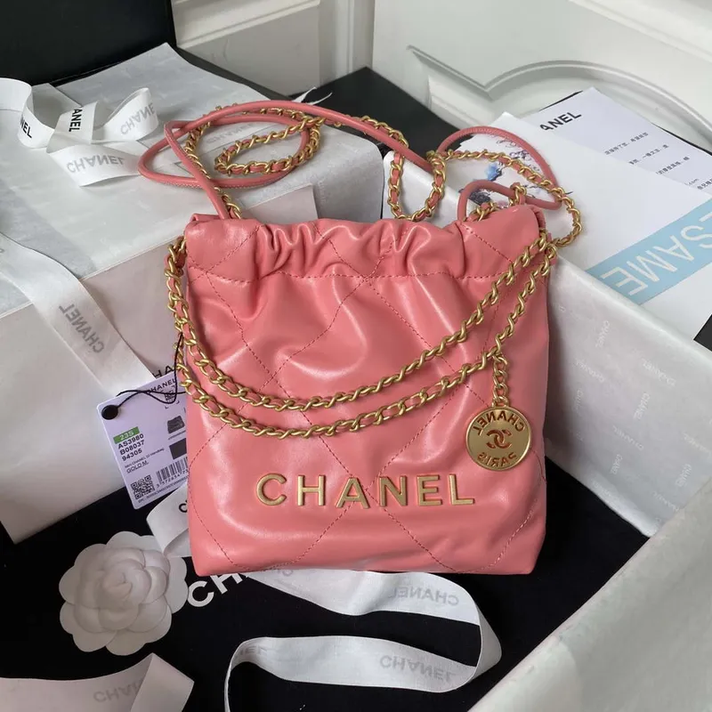 Chanel 22 Mini Handbag AS3980 Shiny Calfskin & Gold Tone Metal Rose Pink