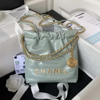 Chanel 22 Mini Handbag AS3980 Shiny Calfskin & Gold Tone Metal Green Gray