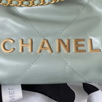 Chanel 22 Mini Handbag AS3980 Shiny Calfskin & Gold Tone Metal Green Gray