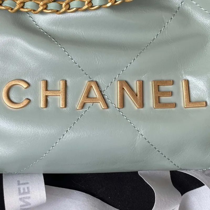 Chanel 22 Mini Handbag AS3980 Shiny Calfskin & Gold Tone Metal Green Gray