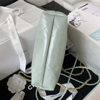 Chanel 22 Mini Handbag AS3980 Shiny Calfskin & Gold Tone Metal Green Gray