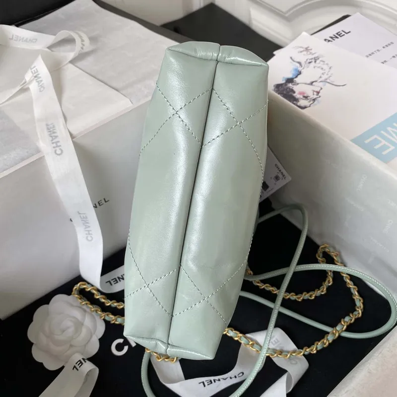 Chanel 22 Mini Handbag AS3980 Shiny Calfskin & Gold Tone Metal Green Gray