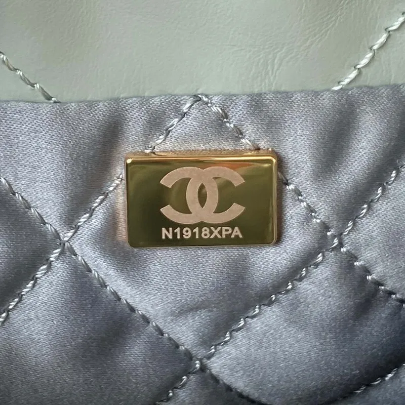 Chanel 22 Mini Handbag AS3980 Shiny Calfskin & Gold Tone Metal Green Gray