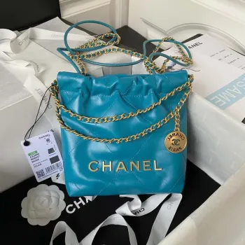 Chanel 22 Mini Handbag AS3980 Shiny Calfskin & Gold Tone Metal Lake Blue