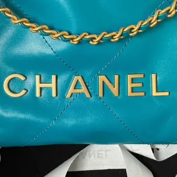 Chanel 22 Mini Handbag AS3980 Shiny Calfskin & Gold Tone Metal Lake Blue